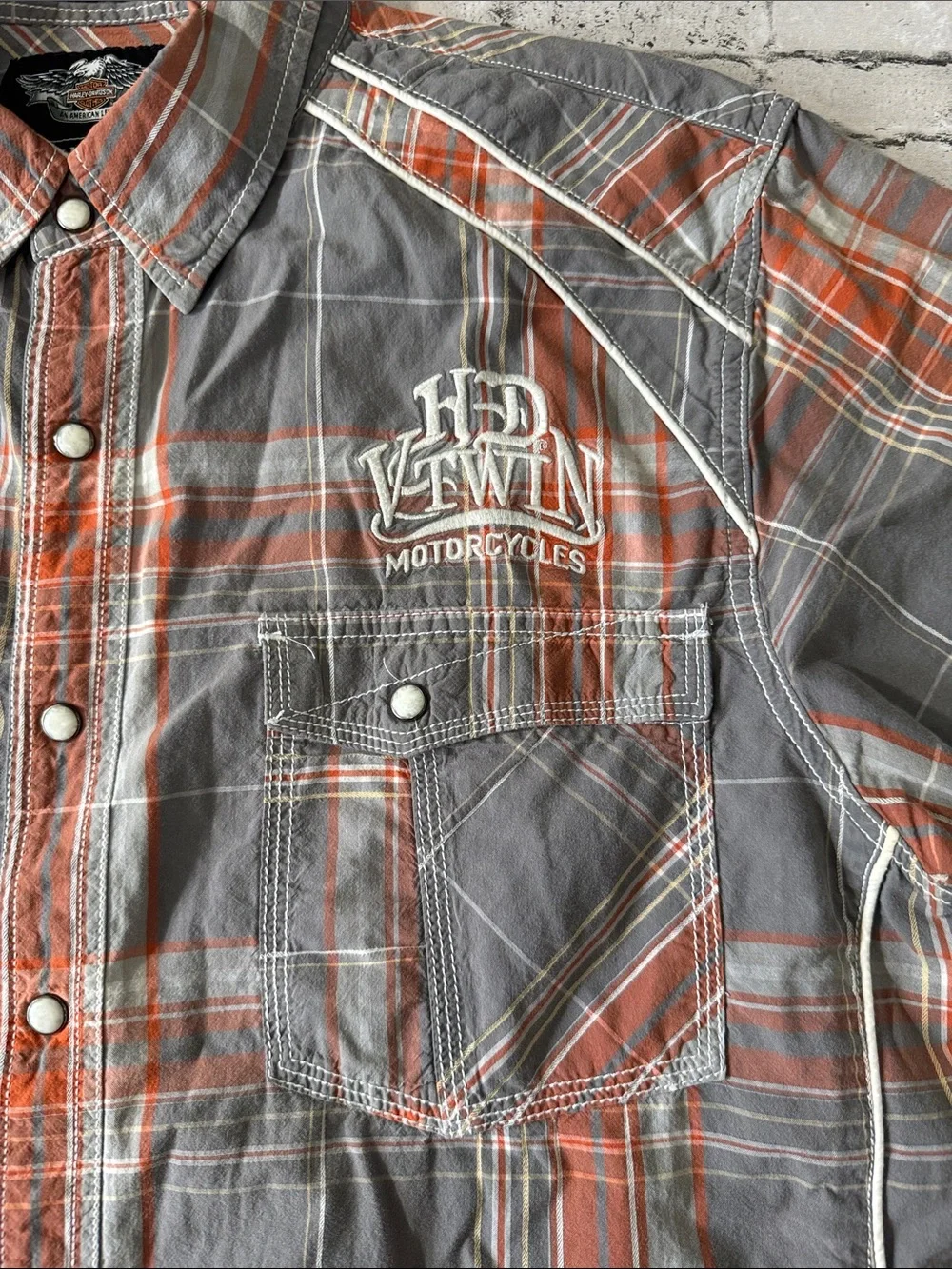 Harley Davidson men XL orange gray plaid pearl snap short sleeve button up shirt